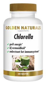 Golden Naturals Chlorella supplementen flesje met 600 tabletten, wit met gouden deksel en label.