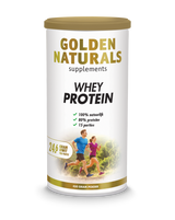 Golden Naturals Whey Protein, puur eiwitpoeder, wit, gouden deksel, naturel supplement.
