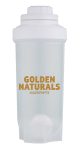Golden Naturals Shakebeker, wit, met deksel, logo van Golden Naturals in oranje op de zijkant.