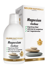 Golden Naturals Magnesium vloeibaar fles 450ml wit met gouden en zwarte tekst en etiket.
