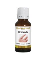 Golden Naturals Wrattenolie, donkere fles met witte deksel en gouden en zwarte etikettering.