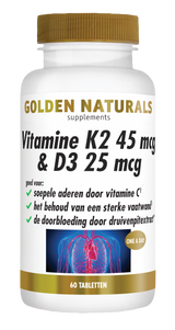 Golden Naturals Vitamine K2 45 mcg & D3 25 mcg supplement potje met 60 tabletten.