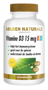 Golden Naturals Vitamine D3 15 mcg KIDS, witte fles met gouden deksel en label.
