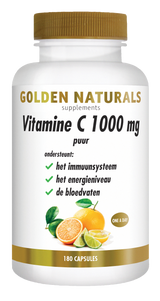 Golden Naturals Vitamine C 1000 mg puur, 180 capsules, wit flesje met gouden deksel en oranje illustratie.