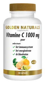 Golden Naturals Vitamine C 1000 mg puur, 180 capsules, wit flesje met gouden deksel en etiket