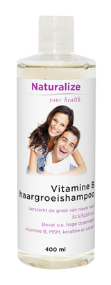 Naturalize Vitamine B-haargroeishampoo, 400ml, wit etiket, met afbeelding van man en vrouw.