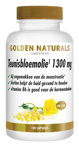 Golden Naturals Teunisbloemolie 1300 mg, wit flesje met gouden deksel en etiket met gele bloem.