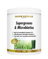 Golden Naturals Supergreens & Probiotica poeder, wit potje met groene gras en donkergroene drank.