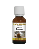 Golden Naturals Stoombad olie, bruine fles met witte deksel en gouden en zwarte label.