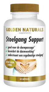 Golden Naturals Stoelgang Support, 60 capsules, wit flesje met gouden deksel en label.