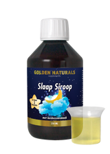 Golden Naturals Slaap Siroop, donkere fles met witte deksel en meetbekertje met gele vloeistof.