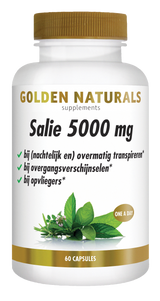Golden Naturals Salie 5000 mg, 60 capsules, wit flesje met gouden deksel en salie blad.