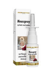 Golden Naturals Neusspray, wit flesje met pomp, verpakking en flesje met kruiden zoals Pelargonium.