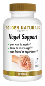 Golden Naturals Nagel Support, 60 capsules, wit flesje met gouden deksel en etiket.