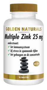 Golden Naturals Multiple Zink 25 mg, 90 tabletten, wit flesje met gouden deksel en band.