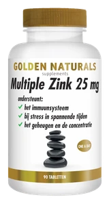 Golden Naturals Multiple Zink 25 mg wit potje met gouden deksel en 90 tabletten.