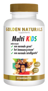 Golden Naturals Multi KIDS vitaminesupplement voor kinderen, witte fles met gouden deksel en etiket.