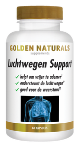Golden Naturals Luchtwegen Support, 60 capsules, wit flesje met gouden deksel en label.