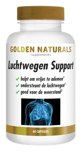Golden Naturals Luchtwegen Support capsules, wit flesje met gouden deksel en 60 capsules.