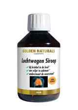 Golden Naturals Luchtwegen Siroop 250ml siroop fles met wit deksel en gouden en zwarte etikettering.