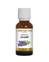 Golden Naturals Lavendel olie, bruine fles met wit deksel en gouden en witte etikettering.