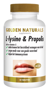Golden Naturals L-lysine & Propolis supplementen flesje met 60 tabletten, wit met gouden deksel.