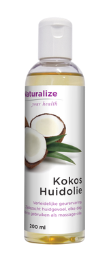 Naturalize Kokosnootolie fles 200ml wit deksel kokosnoot afbeelding op label.