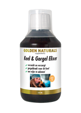 Keel & Gorgel Elixer, Golden Naturals, donkere fles met witte dop en gouden label.