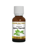 Golden Naturals Japanse Pepermunt olie, bruine fles met witte dop en gouden label.