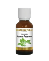 Golden Naturals Japanse Pepermunt olie, wit etiket met groene muntblaadjes en gouden rand.