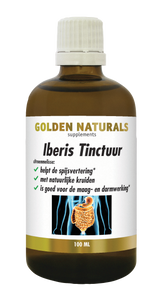 Golden Naturals Iberis Tinctuur fles, bruin glas, wit deksel, 100ml, kruidentinctuur voor spijsvertering.