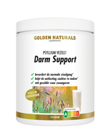 Golden Naturals Darm Support psyllium vezels poeder, wit potje met gouden deksel en etiket.