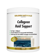 Golden Naturals Collageen Huid Support supplement pot met witte deksel en gouden details.