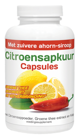Natusor Citroensapkuur capsules, wit met groene, rode en gele etiketten en afbeeldingen van citroen.