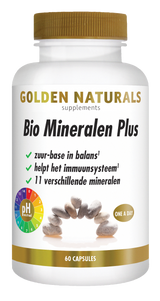 Golden Naturals Bio Mineralen Plus supplement flesje met 60 capsules, wit met gouden deksel en label.