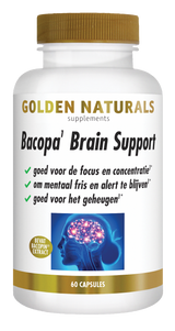 Golden Naturals Bacopa Brain Support supplement pot met 60 capsules, wit met gouden deksel en label.
