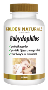 Golden Naturals Babydophilus probioticapoeder, 83 gram, wit potje met gouden deksel en label.