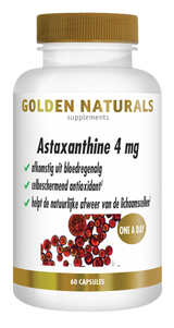 Golden Naturals Astaxanthine 4 mg, 60 capsules, wit flesje met gouden deksel en rode capsules.