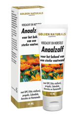Golden Naturals Anaalzalf, 50ml, witte tube met gouden en zwarte tekst, bloemen afbeelding.