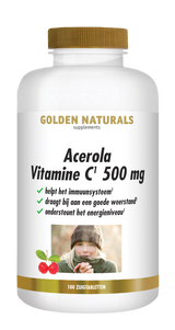 Golden Naturals Acerola Vitamine C 500 mg, wit flesje met gouden deksel en label.