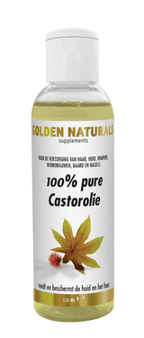 Golden Naturals 100% pure Castorolie, wit etiket, geel vloeistof, wit deksel.