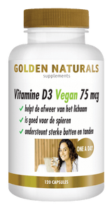 Golden Naturals Vitamine D3 Vegan 75 mcg supplement pot met gouden deksel en 120 capsules.