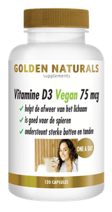 Golden Naturals Vitamine D3 Vegan 75 mcg supplement flesje met gouden deksel en etiket.