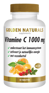 Golden Naturals Vitamine C 1000 mg met rozenbottel, 60 tabletten, witte fles met gouden deksel.