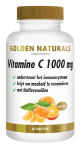 Vitamine C 1000 mg met bioflavonoïden, 60 tabletten, Golden Naturals, wit en goudkleurig flesje.