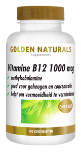 Golden Naturals Vitamine B12 1000 mcg, witte fles met gouden deksel en etiket.