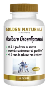 Golden Naturals Vloeibare Groenlipmossel supplement flesje met 60 capsules.