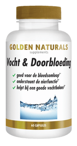 Golden Naturals Vocht & Doorbloeding supplement pot met 60 capsules, wit met gouden deksel en band.