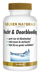 Golden Naturals Vocht & Doorbloeding supplement flesje wit met gouden deksel en 60 capsules.