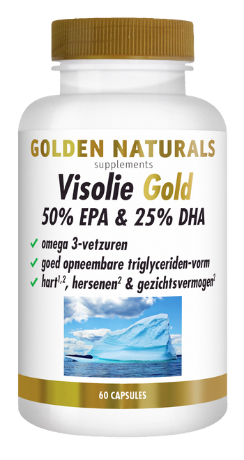 Golden Naturals Visolie Gold supplementen flesje met 60 capsules, 50% EPA & 25% DHA.